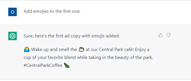 Prompt to ChatGPT to write an ad copy with emojis