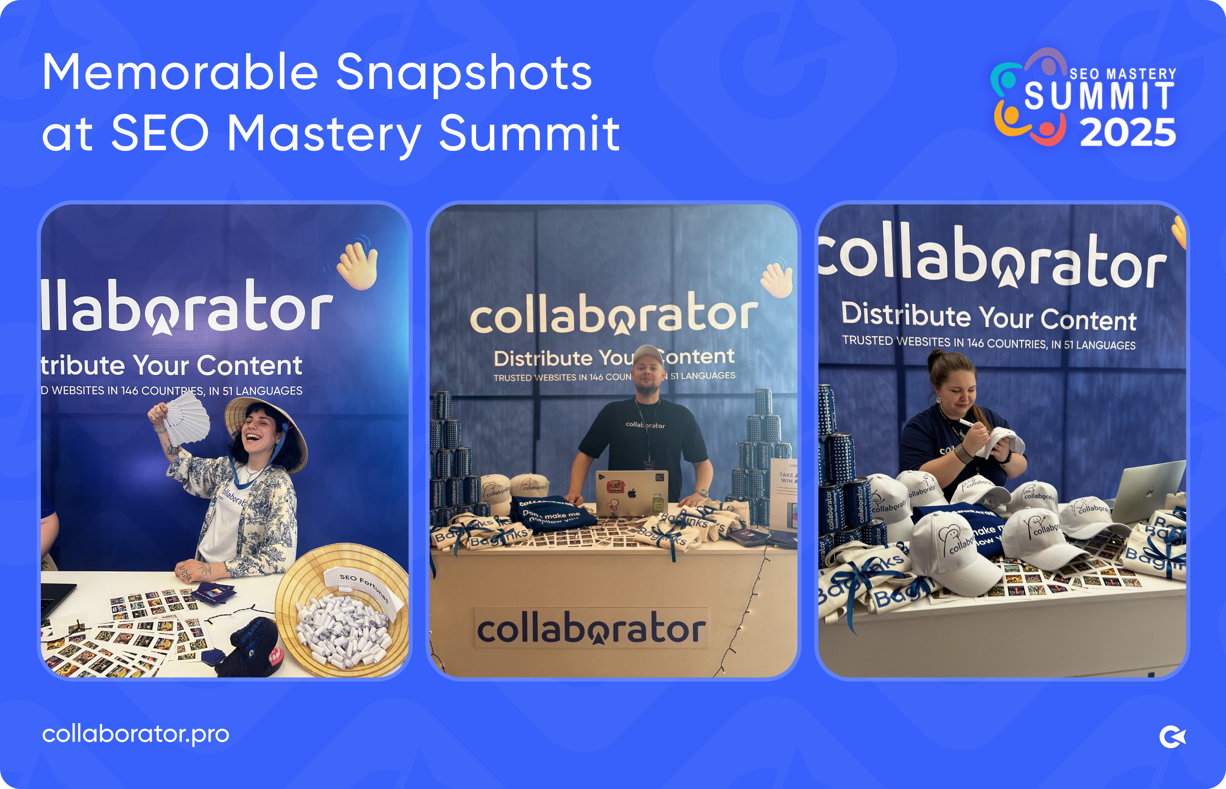 Collaborator team photos at SEO Mastery Summit 2025 in Vietnam, showcasing the event booth and attendee interactions.